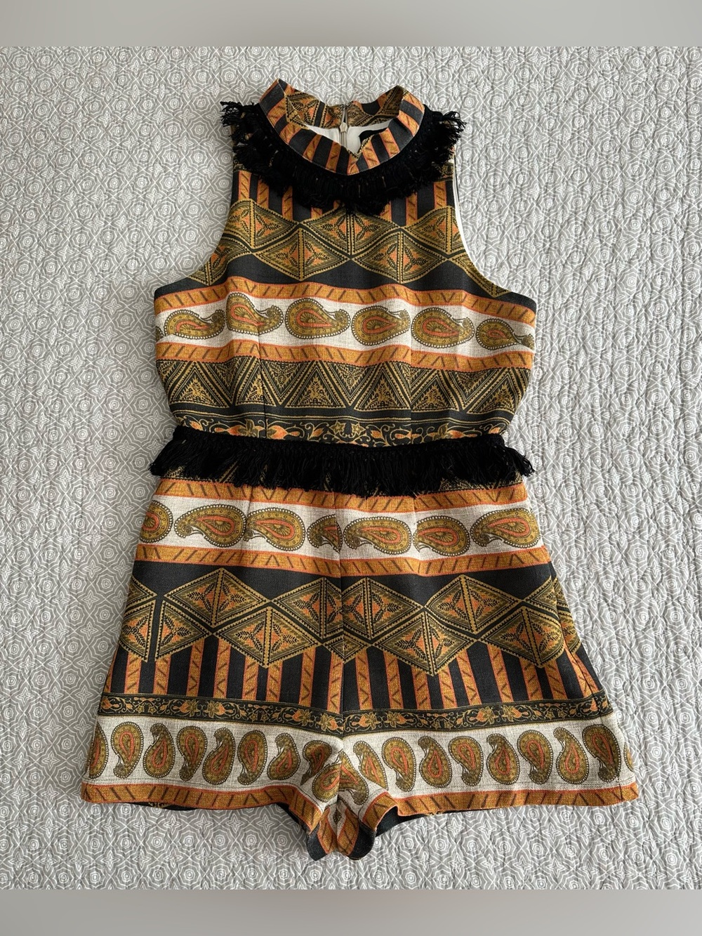 MINKPINK Paisley Pattern Fringe Romper Sleeveless Geometric Boho Revolve Size S